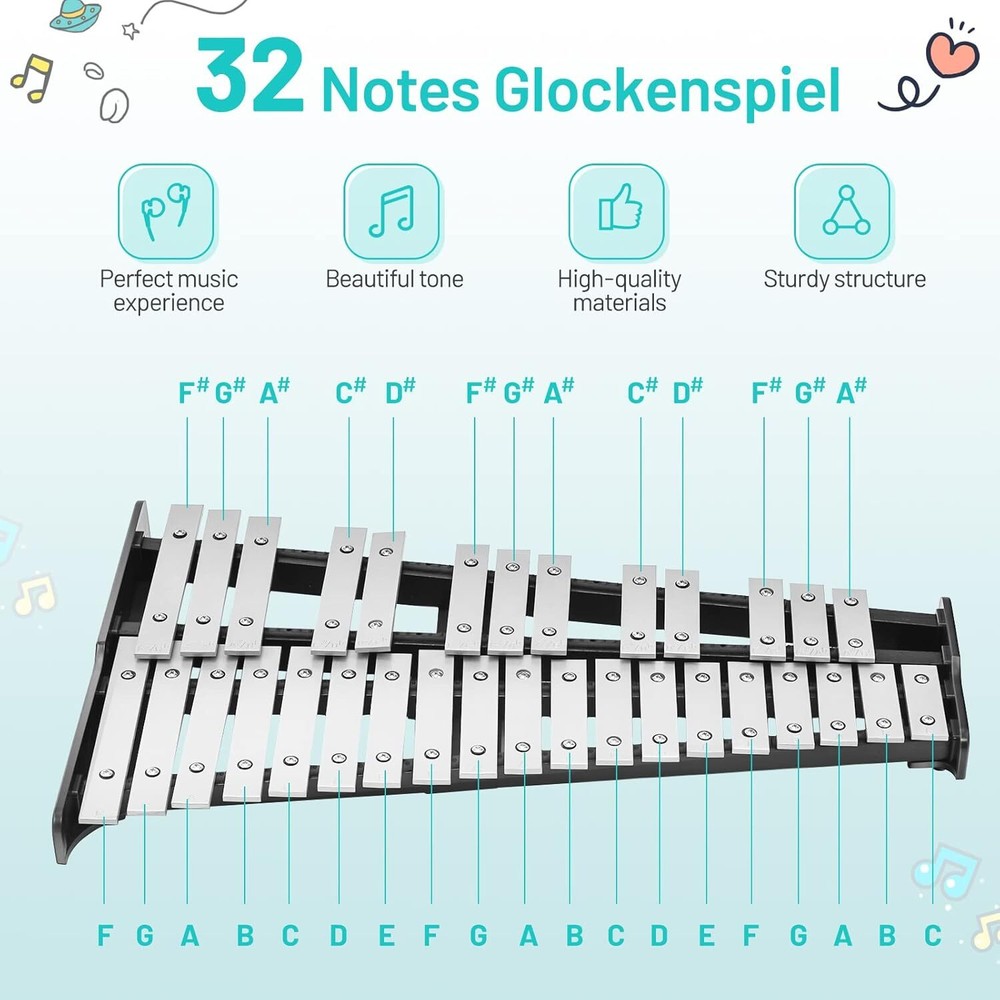 32 Note Professional Glockenspiel Bell Kit, Percussion Xylophone with Adjustable