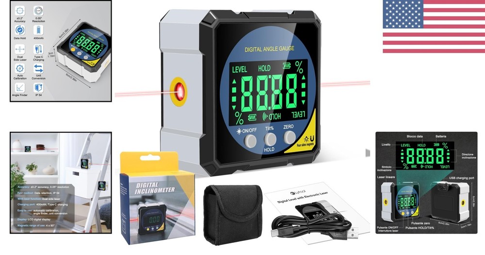Type-C Rechargeable Laser Protractor with Versatile Measurements & Magnetic Base