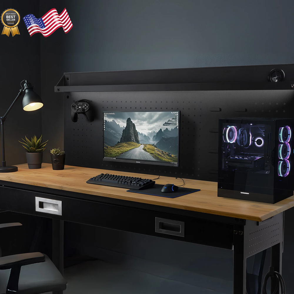 Multifunctional Workbench 60X22" with Pegboard Worktable W/ Power Outlets, LED