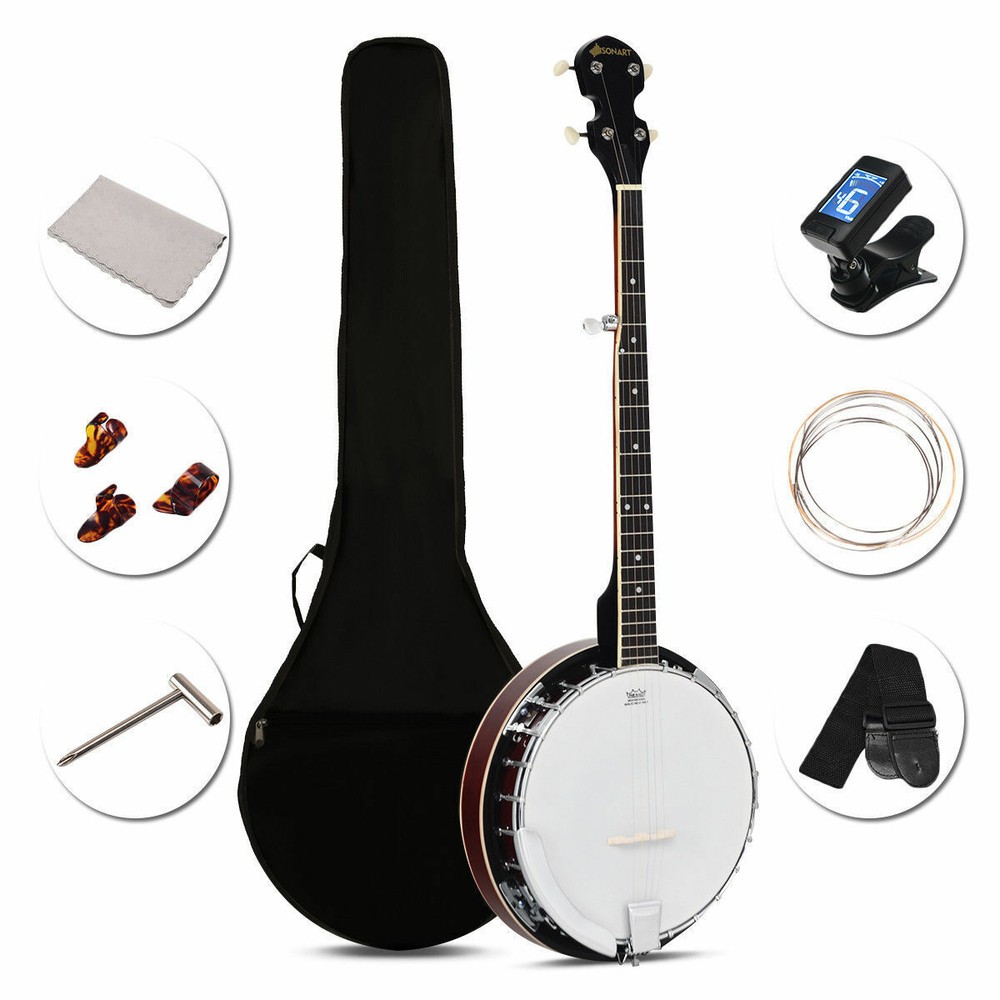 Sonart 5 String Geared Tunable Banjo 24 Brackets Closed Back Remo Head w/ Case