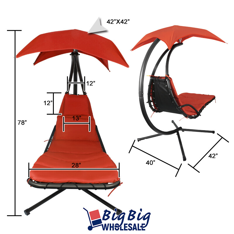 Patio Hanging Chaise Swing Lounge Chair Cushion Orange Outdoor Canopy Arc Stand