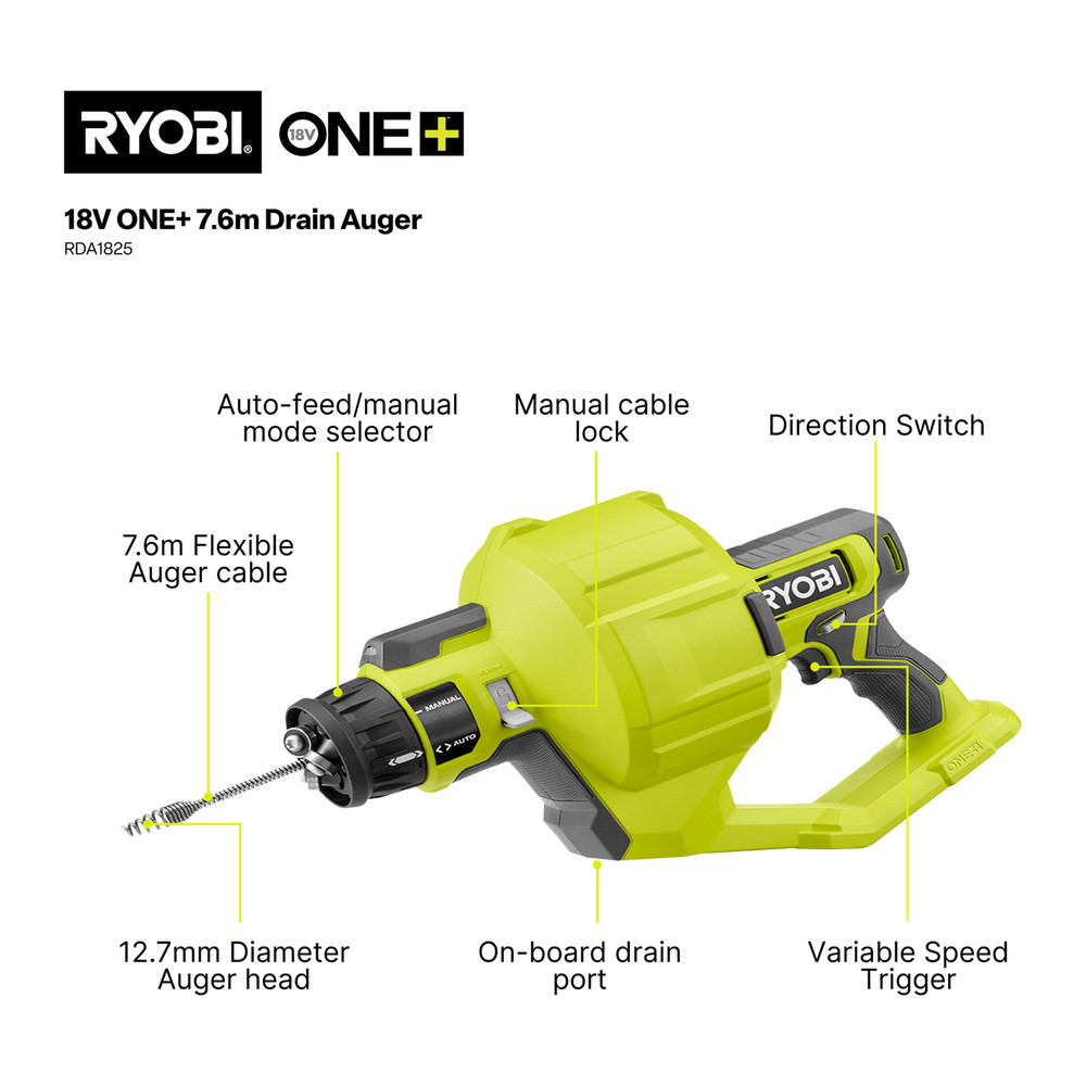Ryobi 18V ONE+ 7.6m Drain Auger - Tool Only