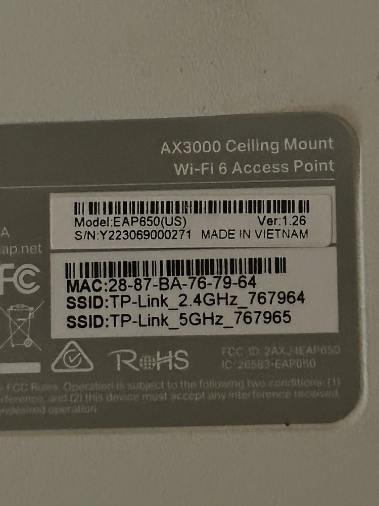 TP-Link Omada Model EPA650 Ceiling Mount WiFi 6 Access Point White