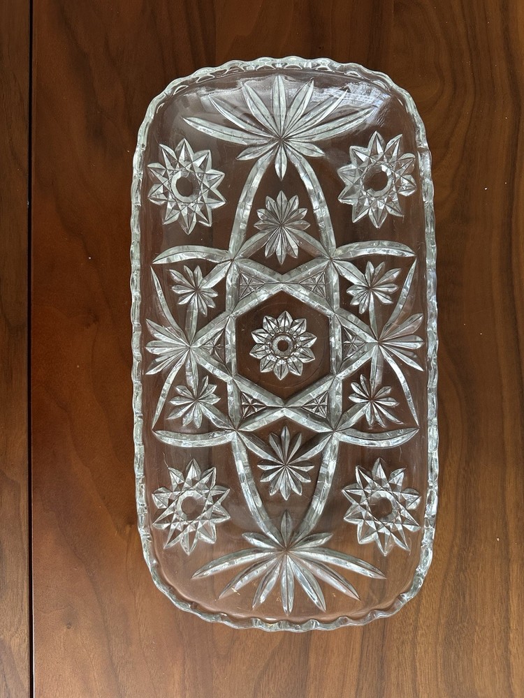 Clear Glass Rectangle Serving Tray Starburst Pattern 12" x 7" Pressed Decorative