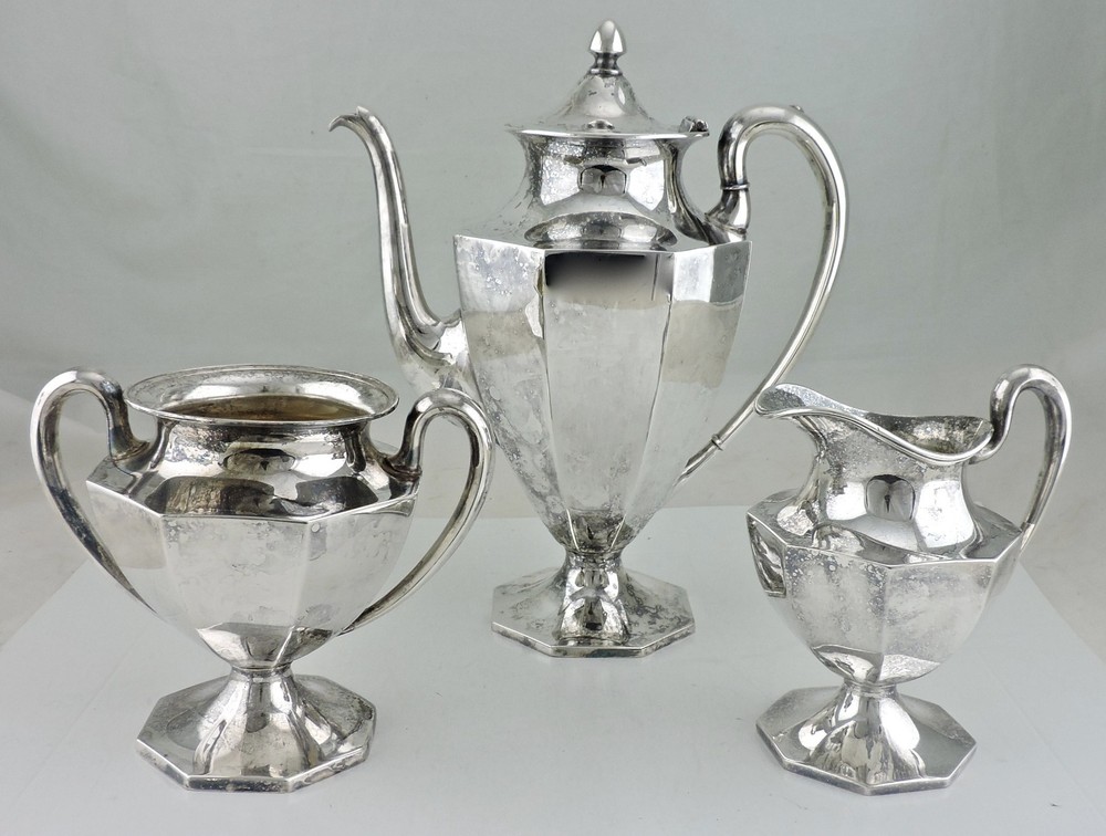 VINTAGE SILVER PLATE TEA/COFFEE/CHOCOLATE POT,SUGAR BOWL,CREAMER ART DECO