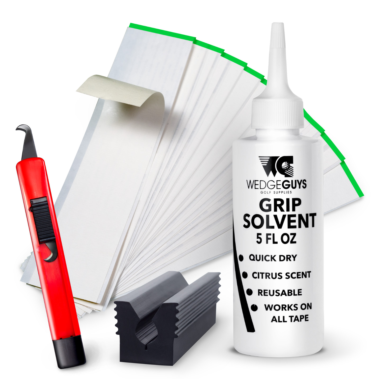 Golf Club GRIP KIT 25 Tape Strips (2x10), Solvent, Vise Clamp and Hook Blade