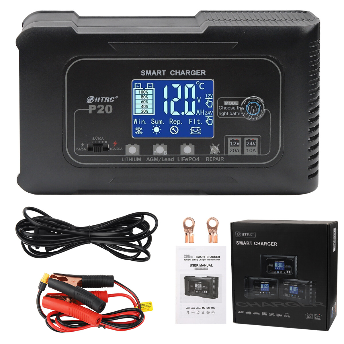 20-Amp Smart Battery Charger,12V/20A and 24V/10A.Lithium,Lifepo4,Lead-Acid(AGM/G