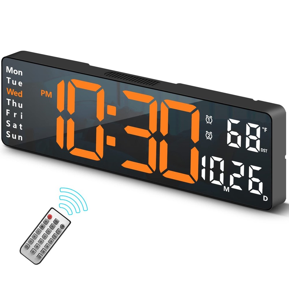 Orange-B Digital Wall Clock, Remote, Auto Dimmer, LED, Date, Temp, Week, Alarm