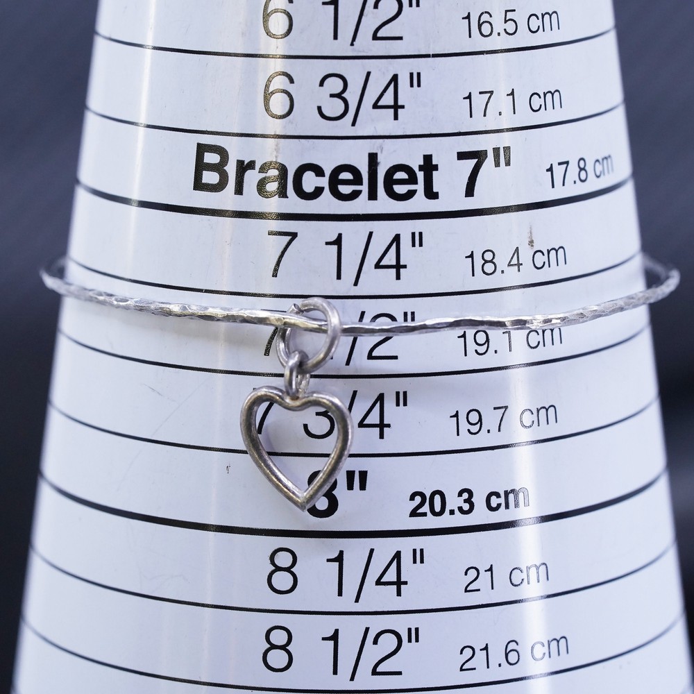 7.5”, sterling silver 925 hammered bangle, stackable bracelet with heart charm
