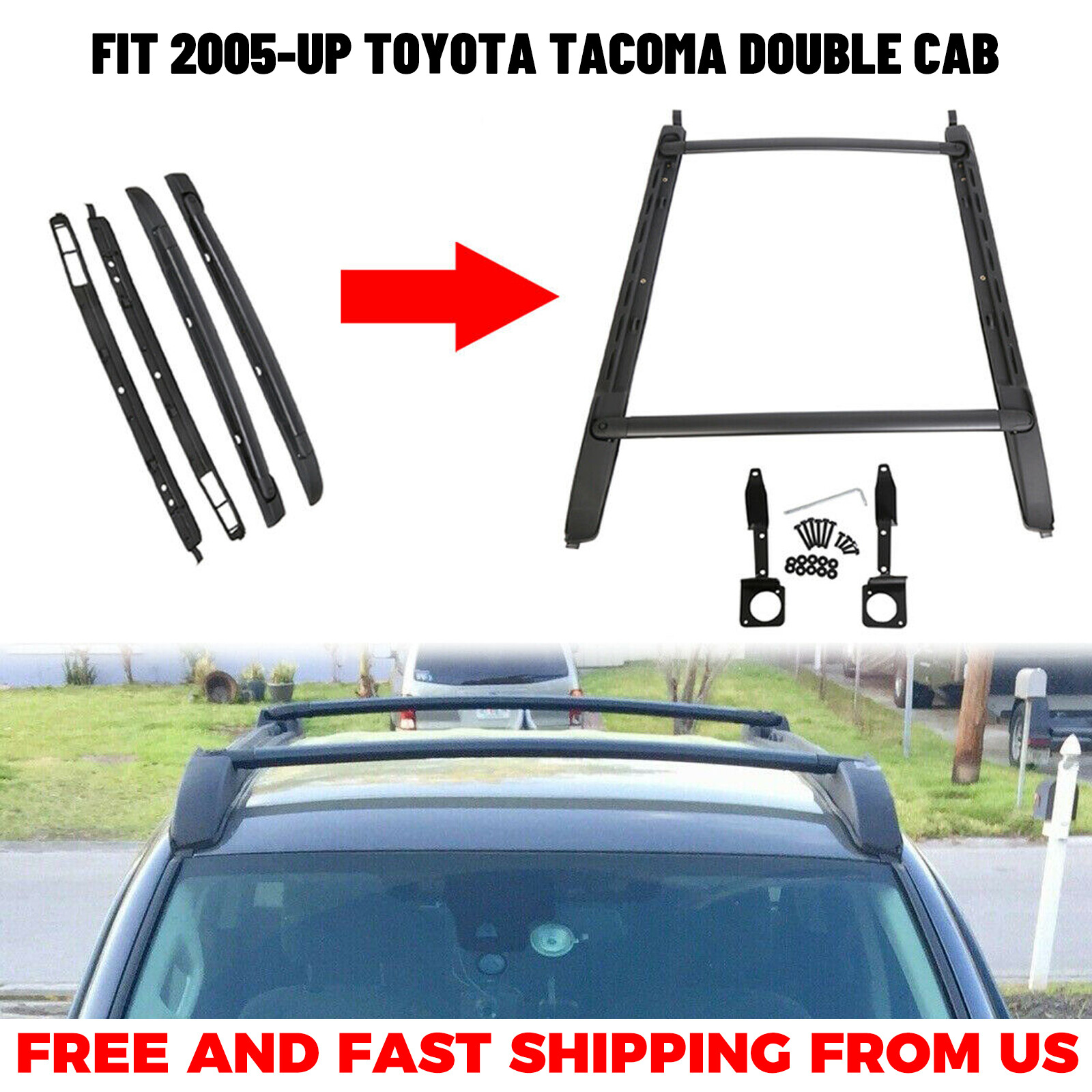 For Toyota Tacoma Double Cab 2005-2023 Top Roof Rack Cross Side Rails Bars Set