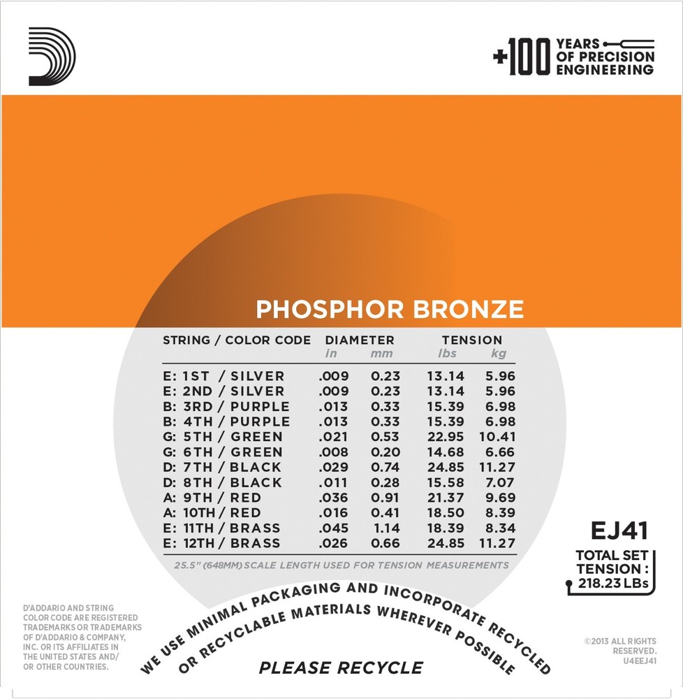 D'Addario EJ41 12-String Phosphor Bronze Acoustic Guitar String 9-45 Super Light