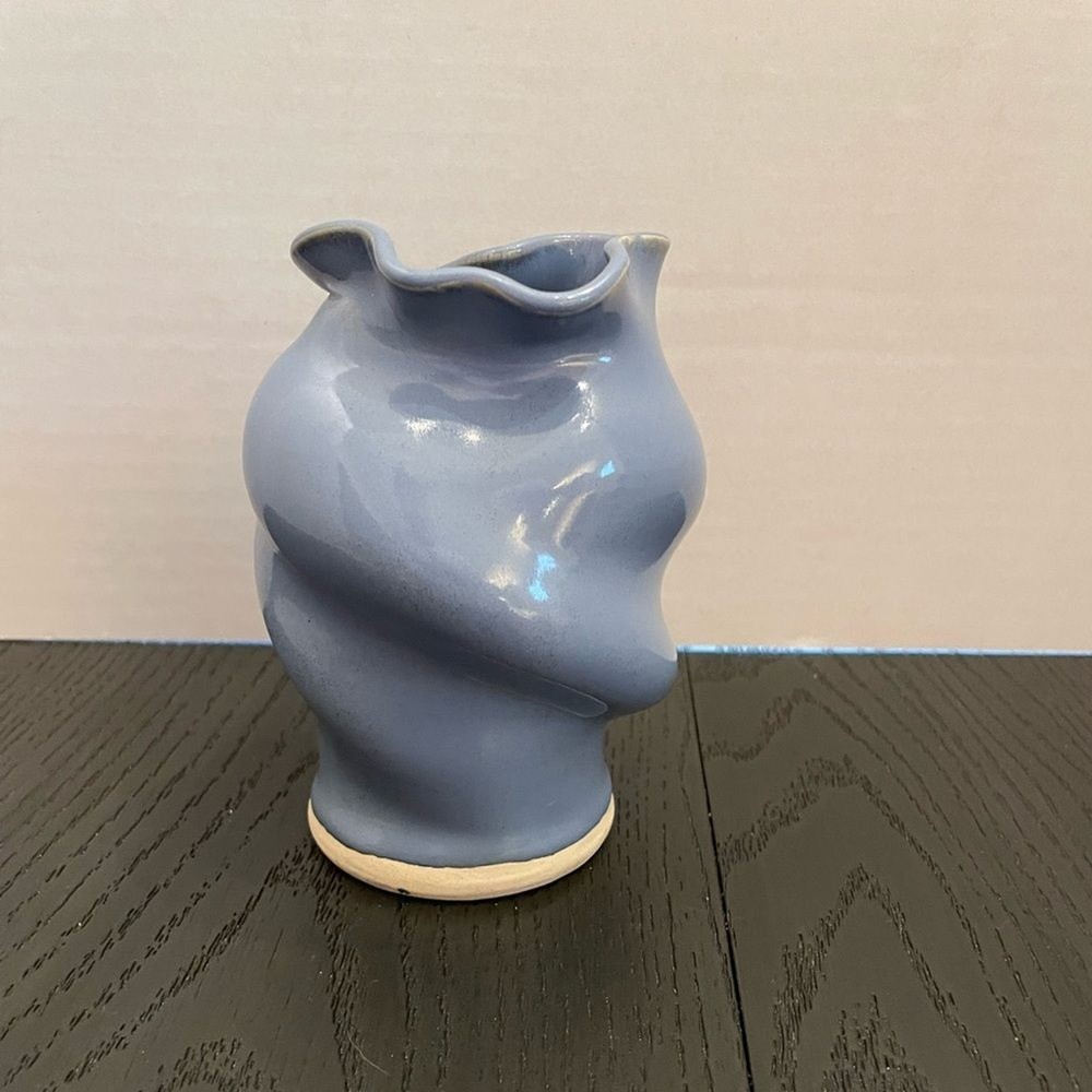 Light Blue Twisted Ceramic Small Vase and A Cream-Colored Base Signed Leftwich