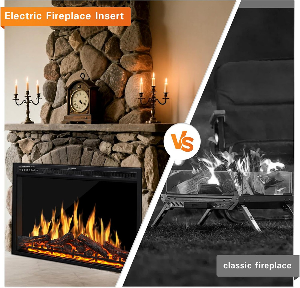 37" Electric Fireplace Insert with Remote, Adjustable Flames & Brightness