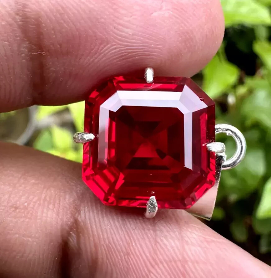 A+ Natural Red Ruby Asscher Cut 925 Solid Silver Pendant Loose Gemstone 26.6 Ct+