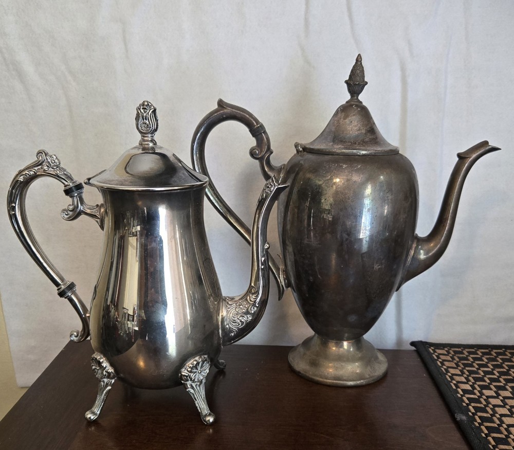 2 OLD ANTIQUE SILVER PLATED TEA COFFEE POTS 1 GORHAM ORIGINAL STICKER 1 UNMARKED