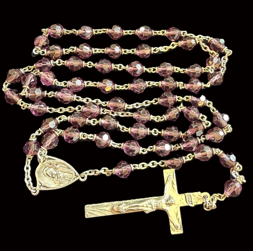 Vintage Amethyst Purple Lampwork Glass Bead Sterling Silver 22.5 Inch Rosary