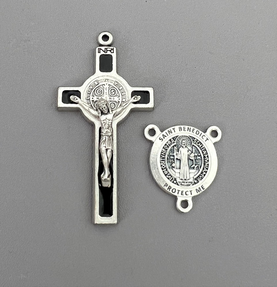 Rosary CENTER & CRUCIFIX Set Italy Rosaries Parts St. Saint Benedict LARGE BLACK