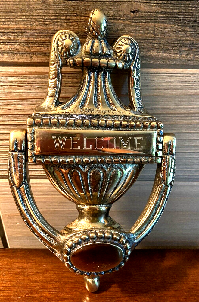 Solid Brass Cast Door Knocker 7.5” Engraved Welcome
