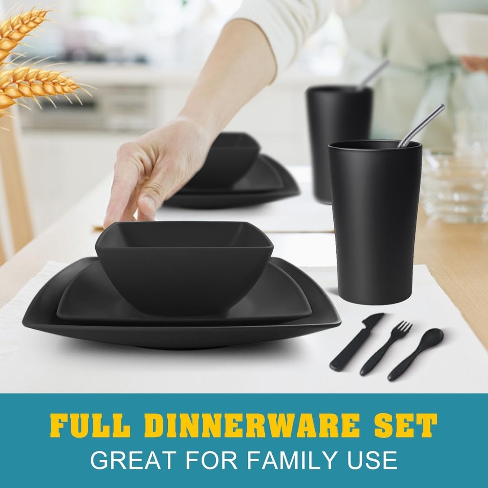 Teivio 40-piece Plastic Wheat Straw Square Dinnerware Set Square, Matte Black