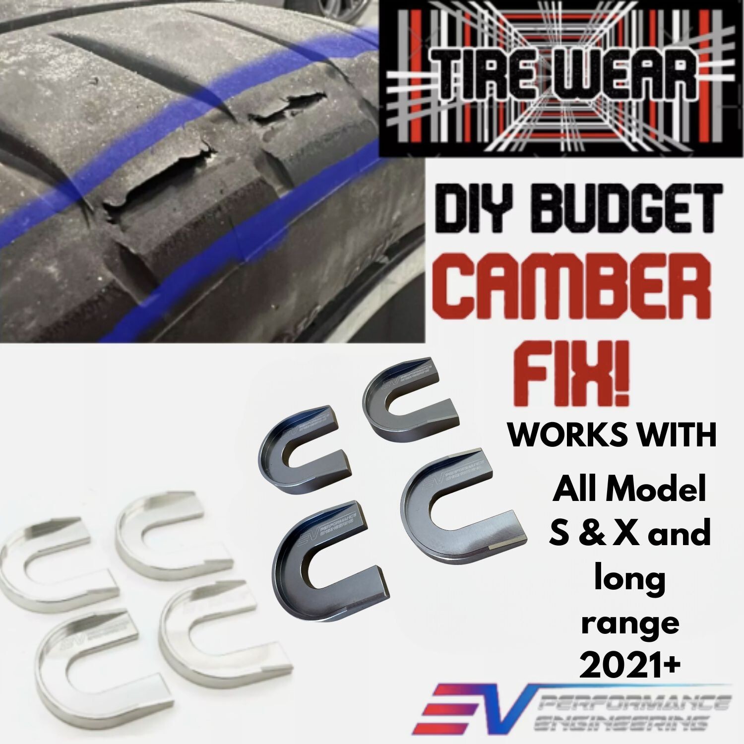 TESLA Model S X PLAID-REAR CAMBER KIT ALIGNMENT SHIMS - TIRE WEAR FIX 0.7 1.5deg