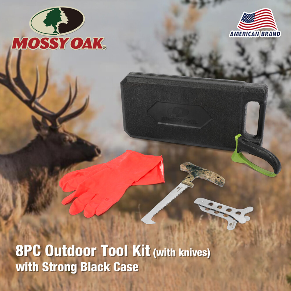 MOSSY OAK 8 Pcs Outdoor Hunting Knife Kits Steel Stick Caping Knife & Bone Saw