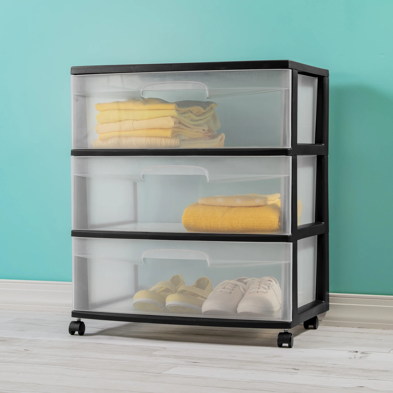 3 Drawer Wide Cart, Clear Plastic Storage Drawers, Wheels Included, Black