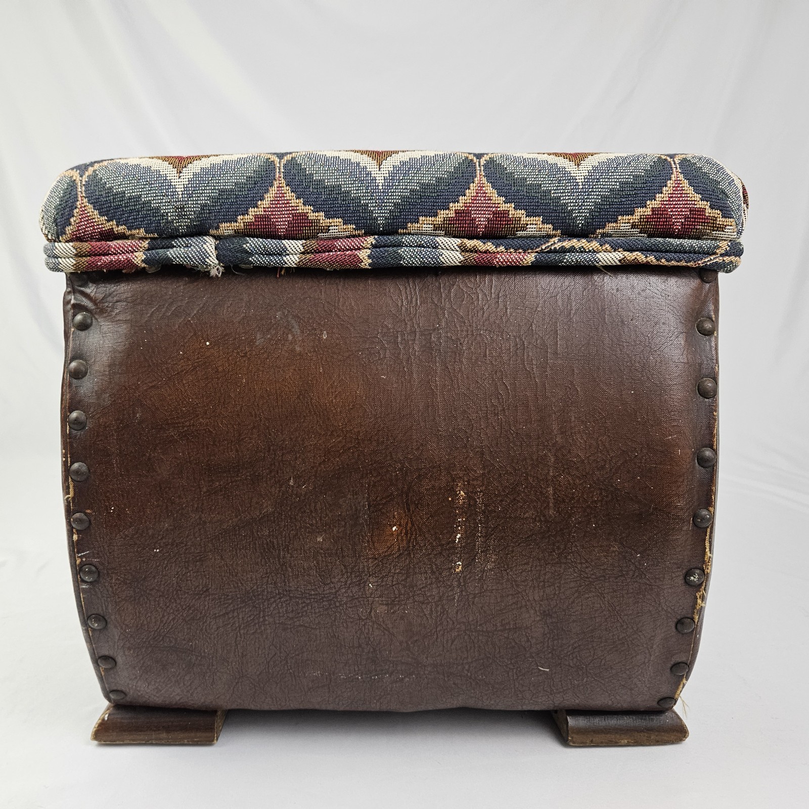 Chinoisiere Footstool Ottoman Leather Upholstered Vintage Chinese Chippendale