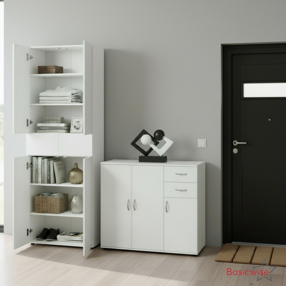 Basicwise Set of Buffet Table with Drawers Plus Cabinet with Compartments, White
