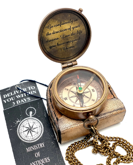 Engraved Pocket Compass & Key Chain Handmade Nautical Compass & Leather Pouch