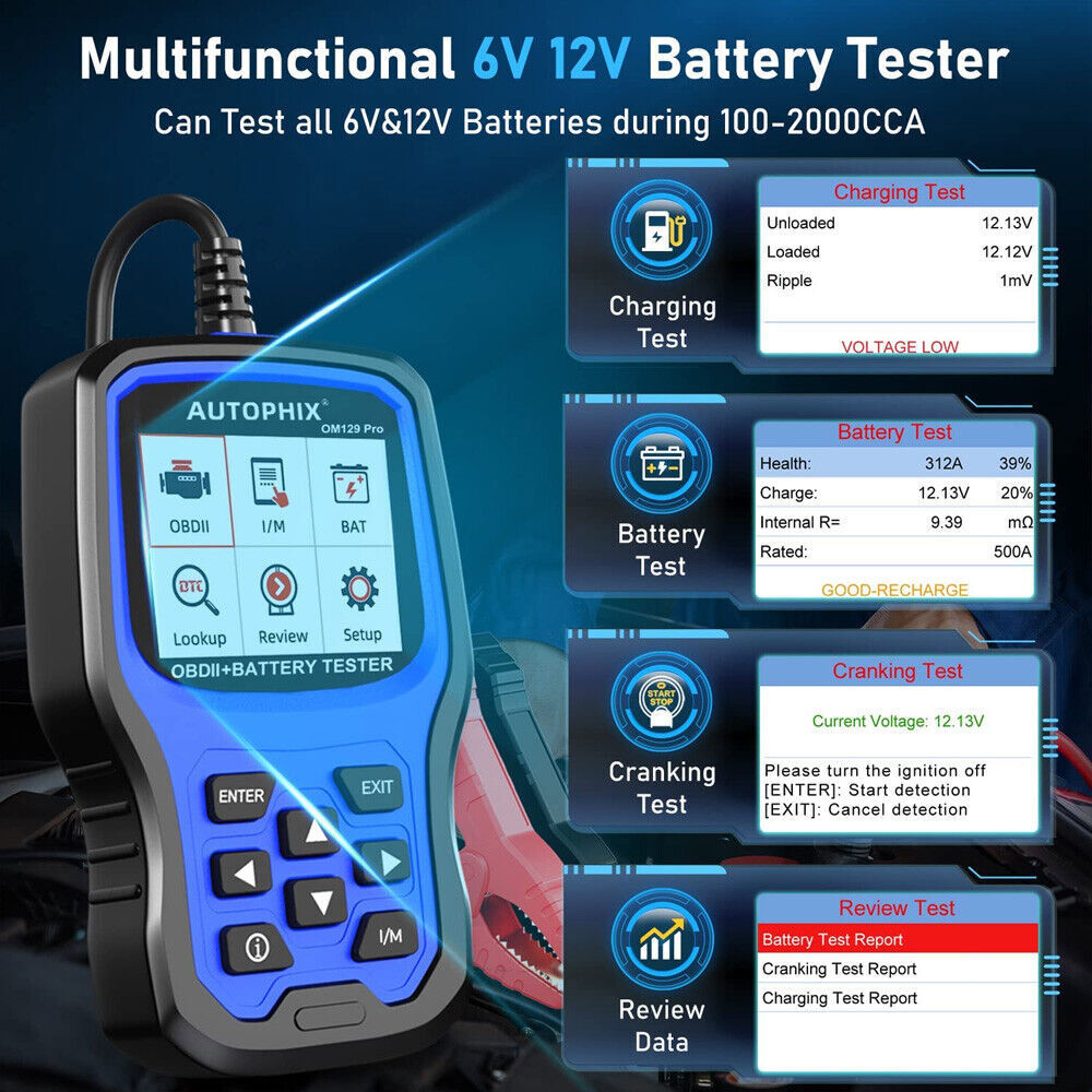 OBD2 Scanner 12V Car Battery Tester Check Engine Fault Code Reader I/M Readiness