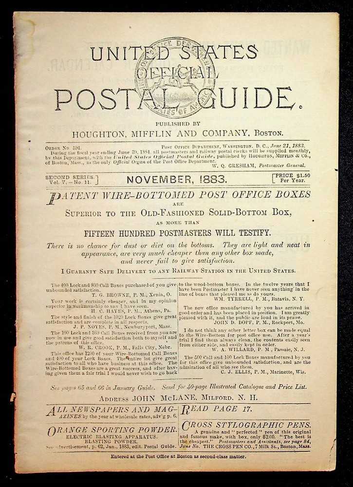 United States Official Postal Guide November 1883 Cool Ads Railway Mail