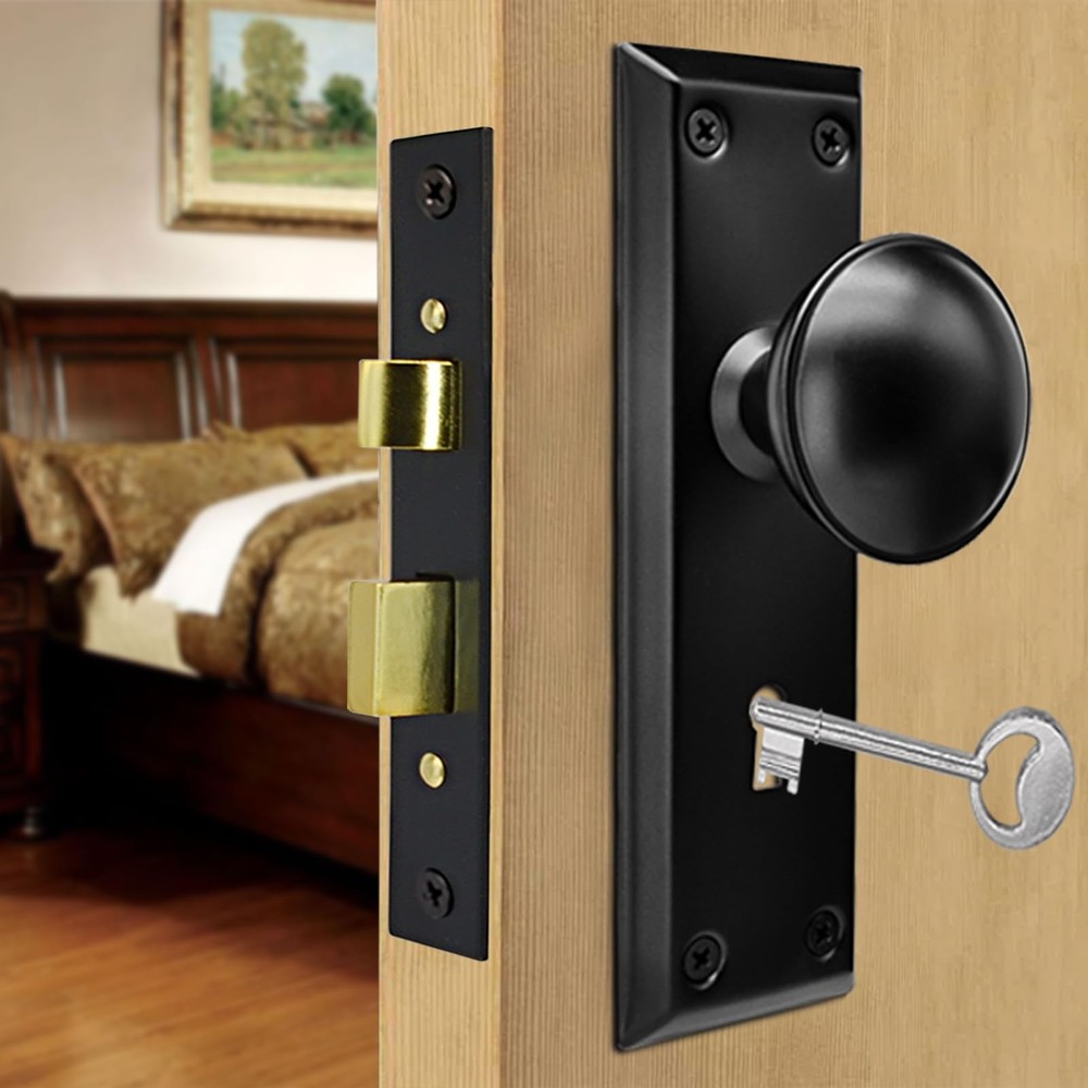 Antique Interior Door Knobs Mortise Lock Set with Skeleton Key Matte Black