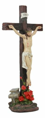 Ebros Jesus Christ On Cross W/ Rose of Sharon Base Decorative Crucifix Statue