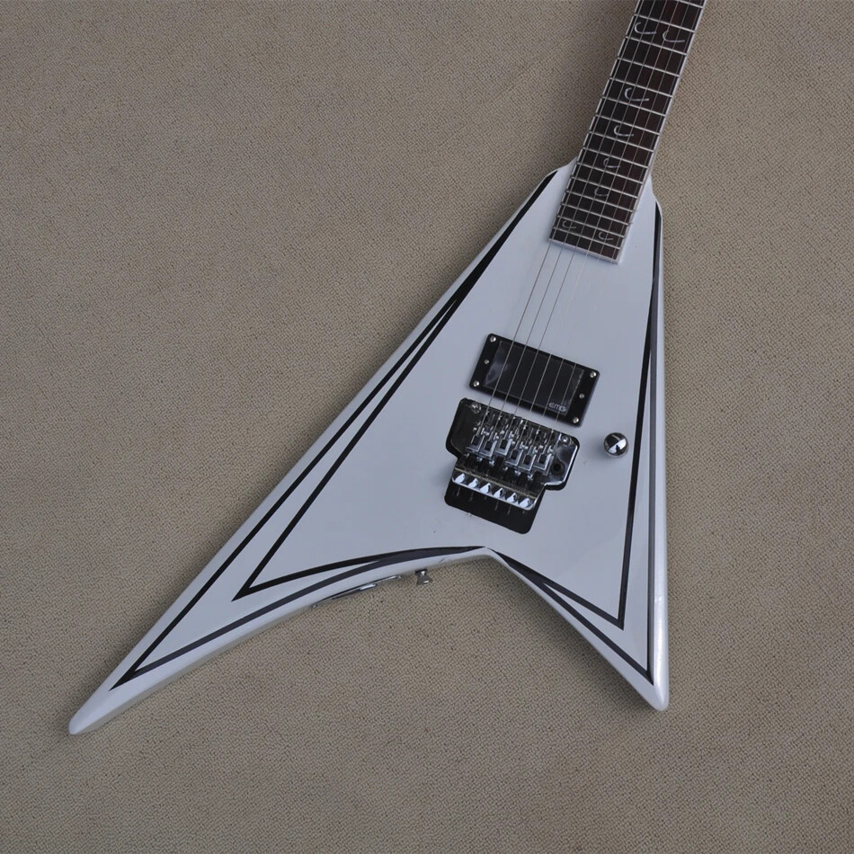Factory Customized White V Shape Electric Guitar with Tremolo Bridge