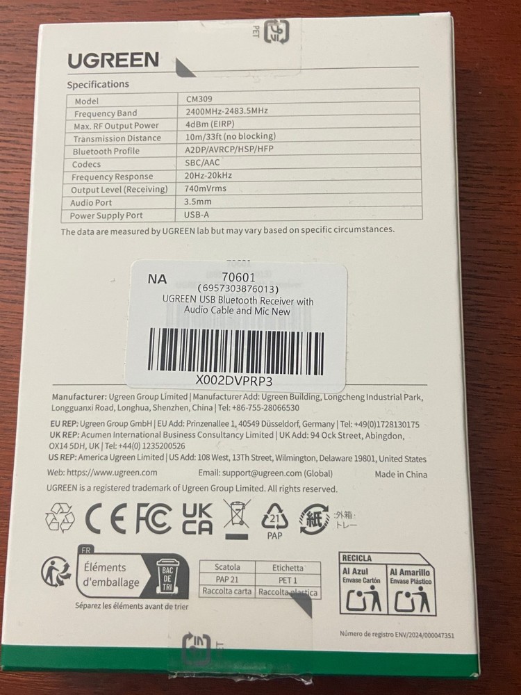 UGREEN Bluetooth Audio Receiver CM309 Car AUX Adapter Powers On Untested USB 3.5