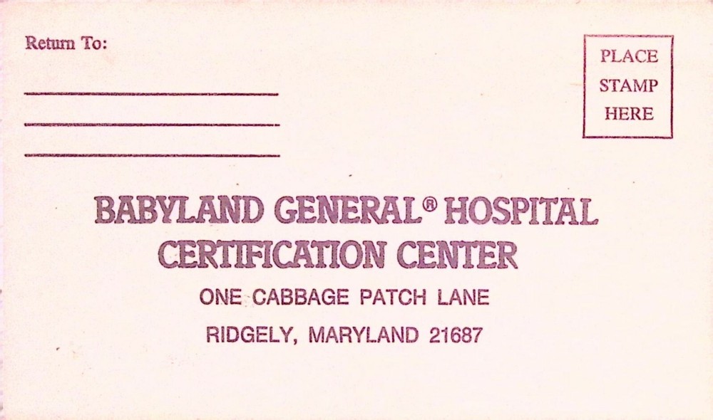 Cabbage Patch Kids Return Envelope Babyland General Hospital Certification