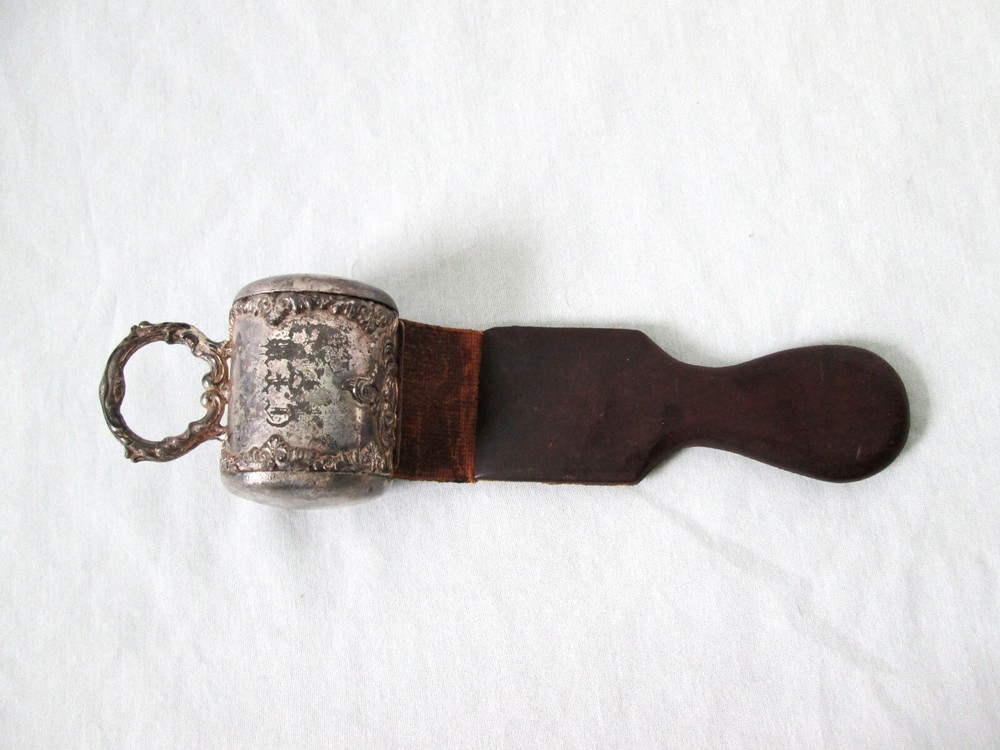 Victorian Silver Plated Razor Sharpener Leather Strop Monogramed Ornate