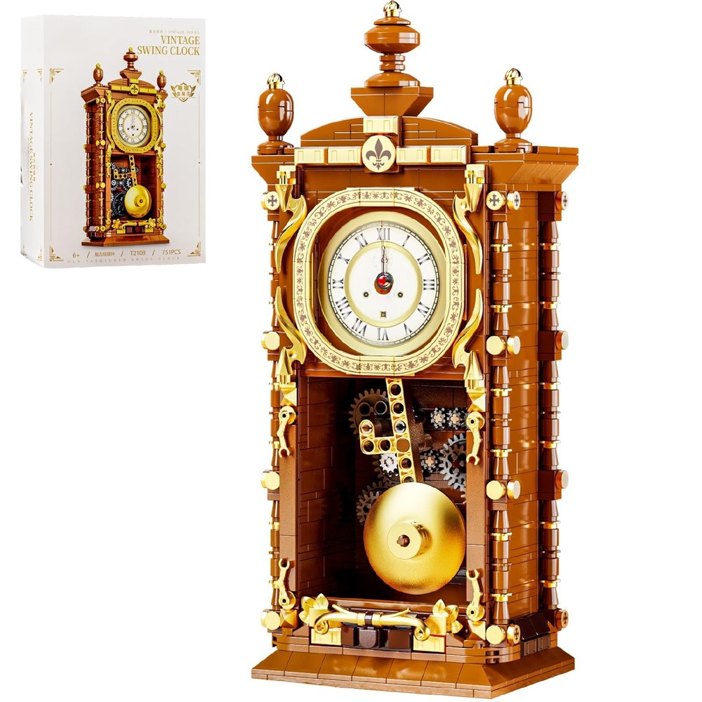Retro Pendulum Clock Building Block Set - Real Clock Function, Mechanical Pendul