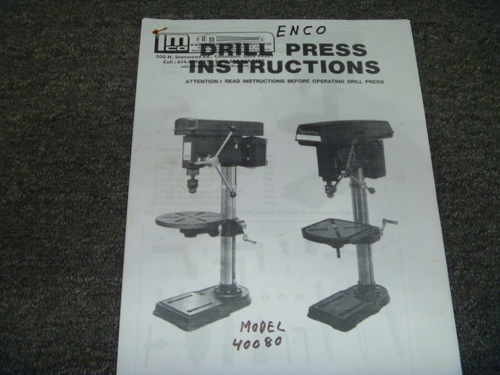 ENCO 40080 Drill Press Owner Operator Manual User Guide Instructions