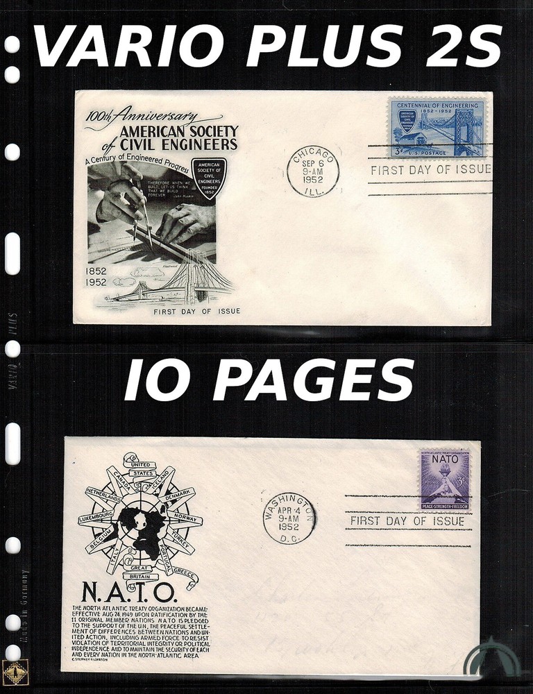 10 VARIO PLUS 2S Pocket Pages for Stamp, Currency & Collecting, Clear & Black