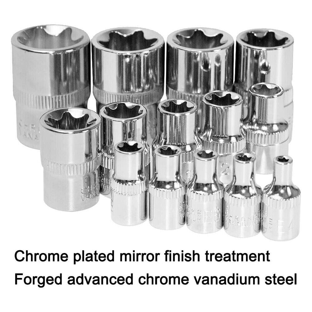 14 PC E Torx Star Female Bit Socket Set 1/2"/3/8"/1/4" Drive E4 -E24