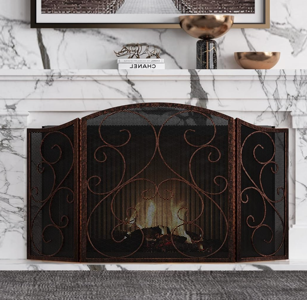 3 Panel Iron Fireplace Mesh Screen Traditional Scroll Metal Brushed Copper Guard