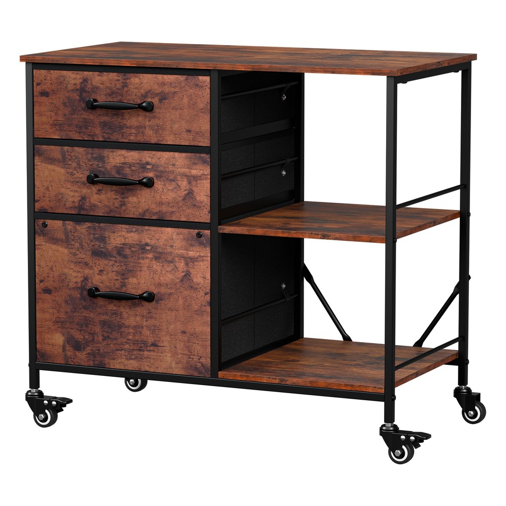 Rustic Brown File Cabinets Rolling Mobile Printer Stand with Storage 3 Drawers