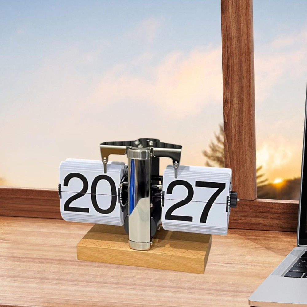 Auto Flip Clock Automatic Page Turning Versatile Decoration Wood Base Table
