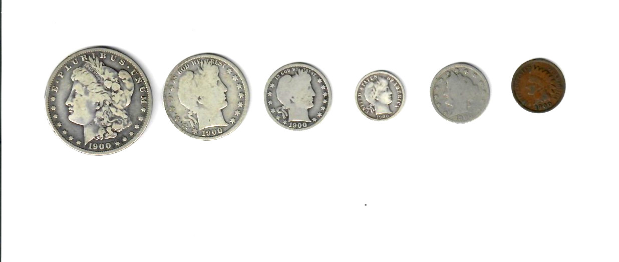 1900 Complete set 6 coins Silver Morgan Dollar, Barber Half  Quarter Nickel Cent