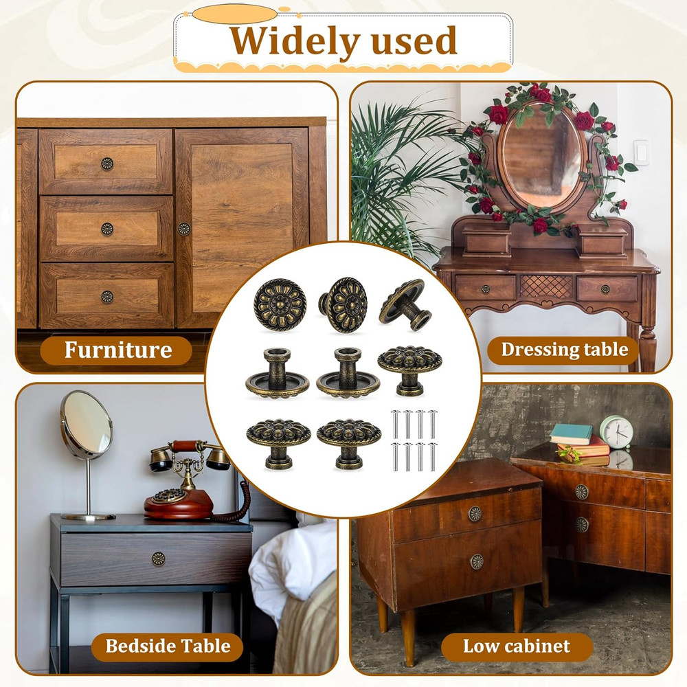 8 Pack Antique Brass Drawer Knobs Vintage Round Cabinet Pulls 1.18 Inch