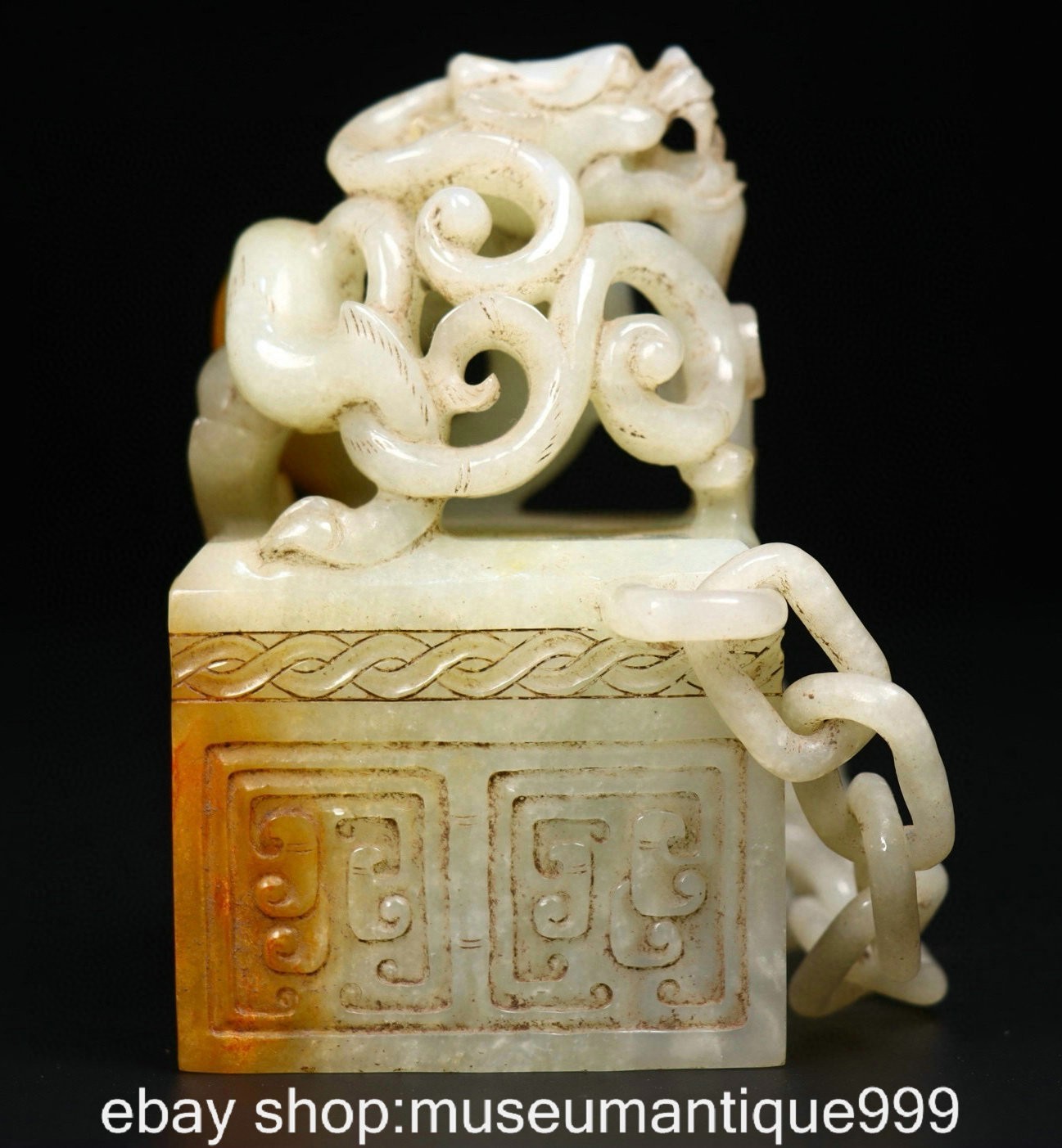 3.8" Old Chinese Hetian White Jade Carving Dragon Beast Seal Stamp Signet Set