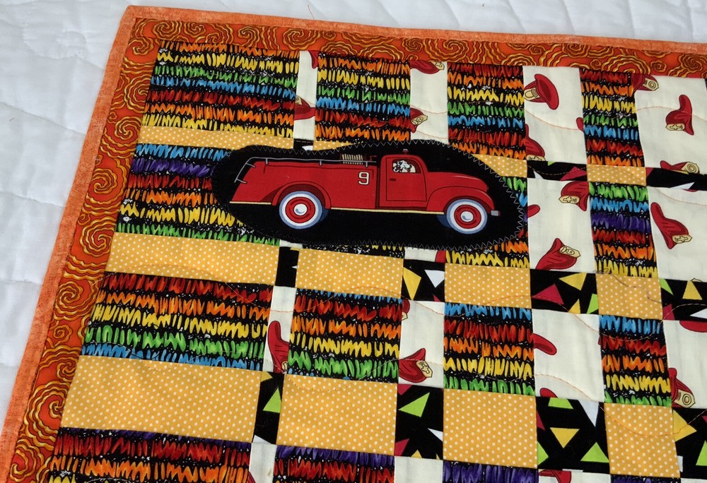 Patchwork Quilt Wall Hanging, Rectangles, Contemporary Prints, Fire Trucks