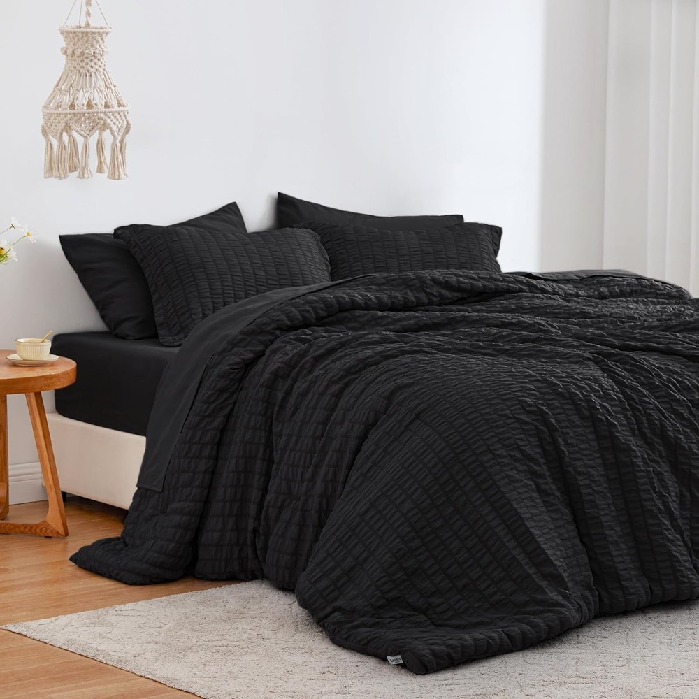 Seersucker Black Queen Comforter Set, 7-Piece Bedding Bundle