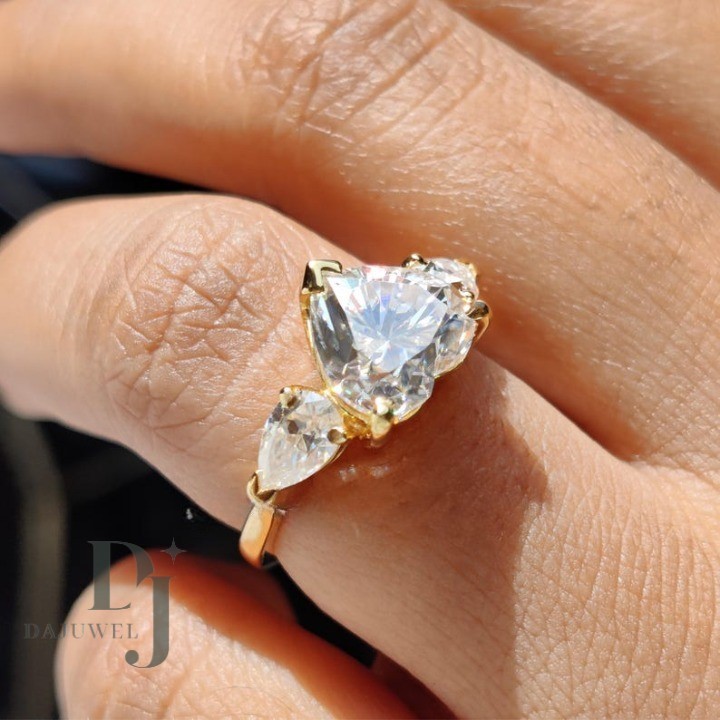 Moissanite Three Stone Engagement Ring Solid 14K Yellow Gold Heart Cut 2.70 CT